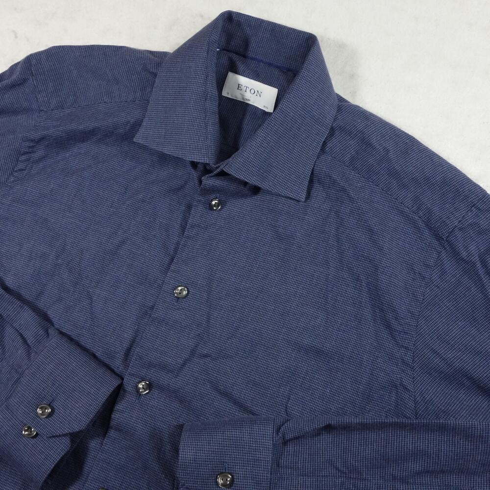 Eton Shirt Mens Medium (39/15.5) Blue Slim Houndstooth Button Up Spread